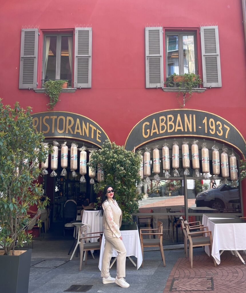 Travel blogger Eleni Kotidou (worldtravellen.com) in front of the historic Cabbani restaurant in Lugano